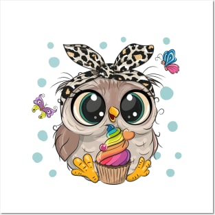 Cute owl with cupcake Posters and Art